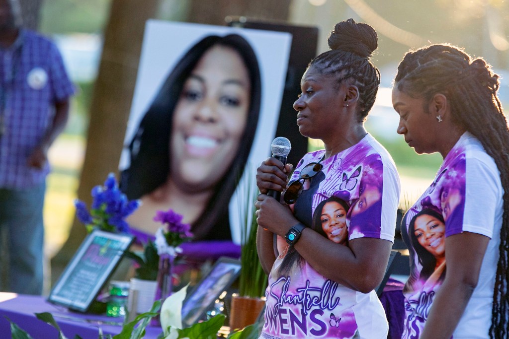 Pamela Dias, second from right, remembers her daughter, Ajike Owens, as mourners gather for a remembrance service at Immerse Church of Ocala for Owens, June 8, 2023, in Ocala, Fla. Susan Louise Lorincz, the white woman accused of firing through her door and fatally shooting Owens in front of her 9-year-old son in central Florida, was charged Monday, June 26, with manslaughter and assault.